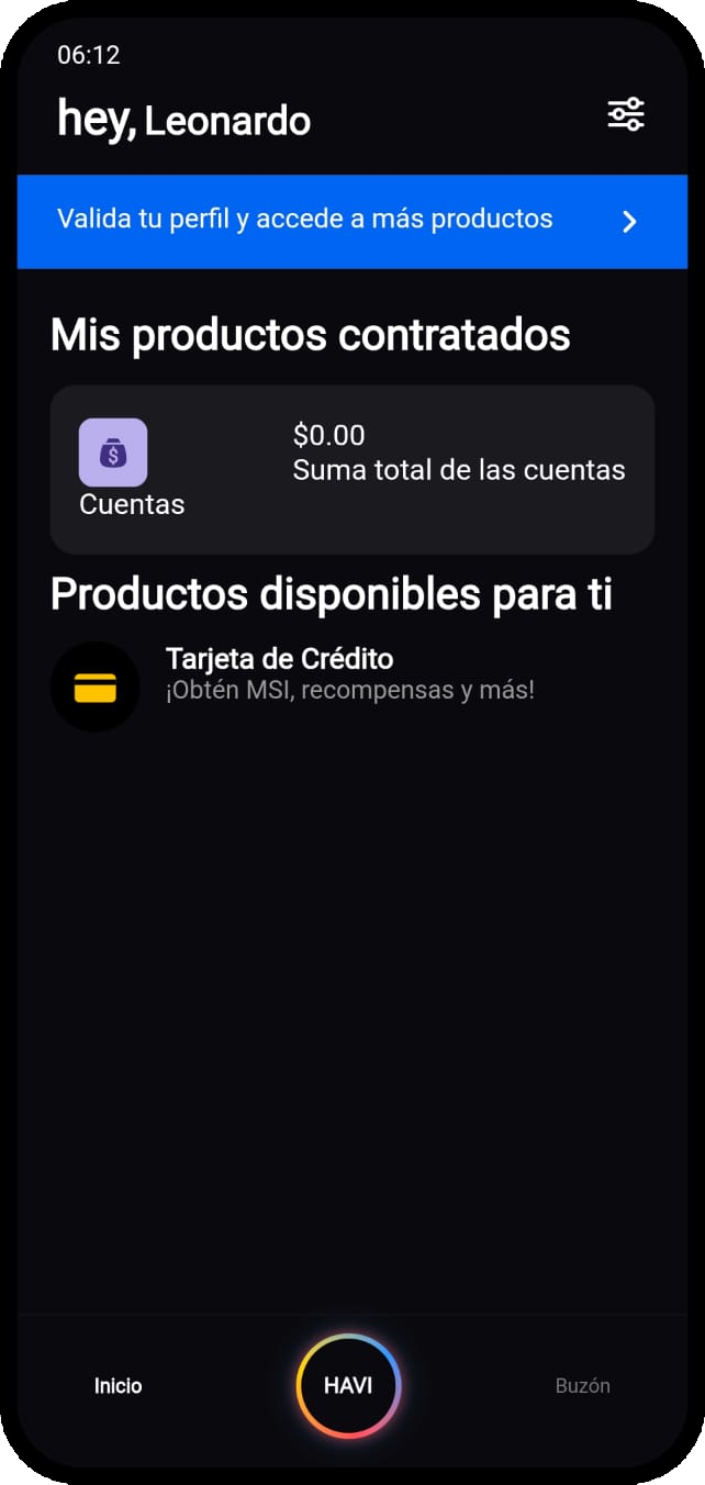 App de HeyBanco con el agente Havi y productos contratados del usuario