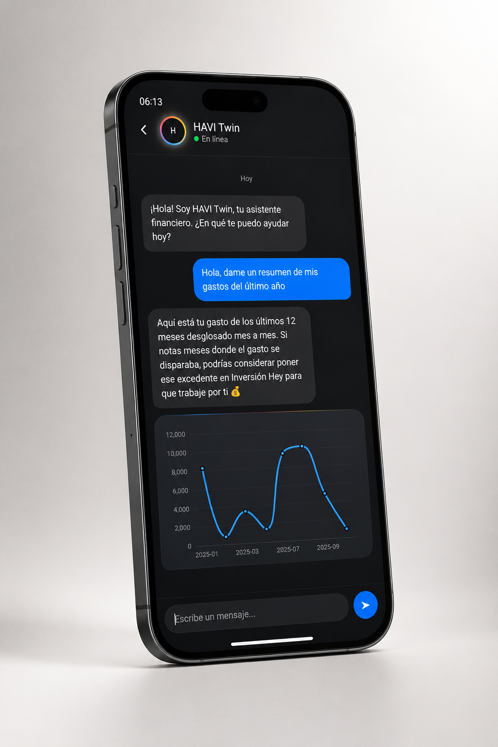 Mockup del chatbot HAVI Twin sobre el agente financiero personalizado